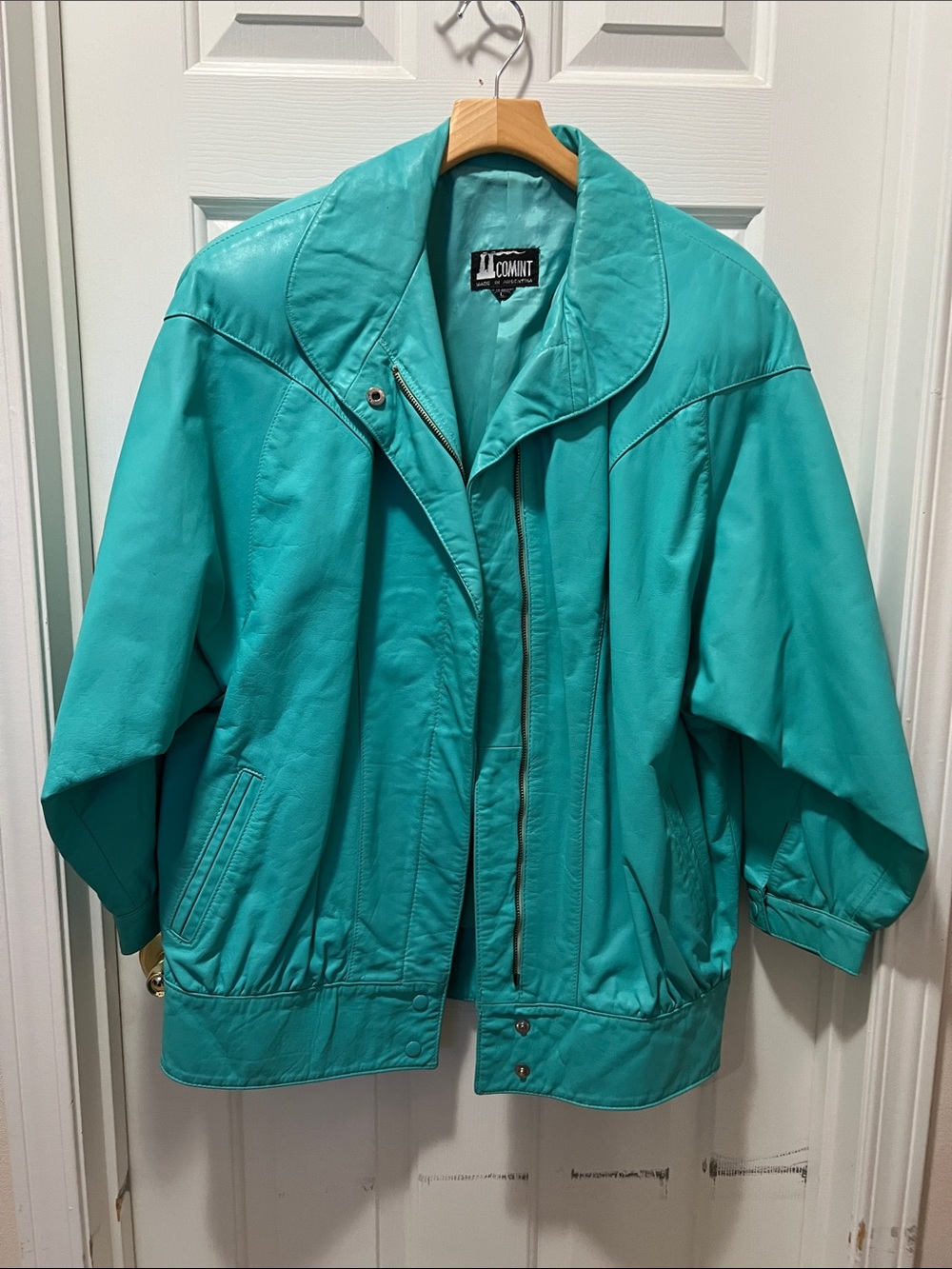 Mint Women's Teal Leather Bomber Jacket
